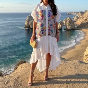 # A230   Nancy  Resort Chic  White Sequin Floral   Shirt Dress  NWT  S